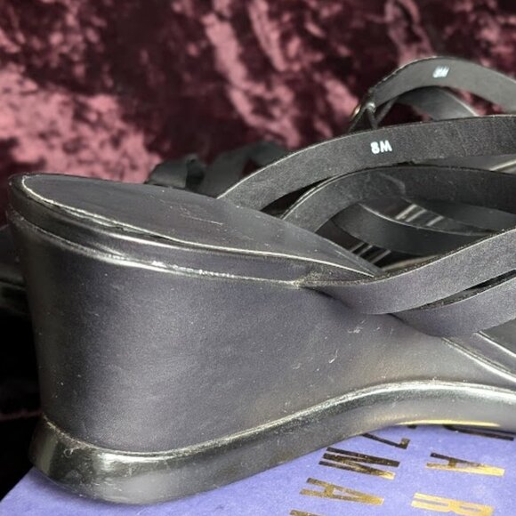 Stuart Weitzman Wedge Heels Black Strappy Silver Accent Slides Comfortable Style - Picture 13 of 16